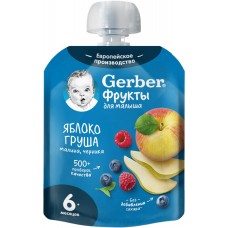 Купить Пюре фруктово-ягодное GERBER Яблоко, груша, малина и черника, с 6 месяцев, 90г в Ленте