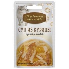 Корм консервированный для взрослых кошек ДЕРЕВЕНСКИЕ ЛАКОМСТВА суп из курицы с уткой и тыквой, 35г