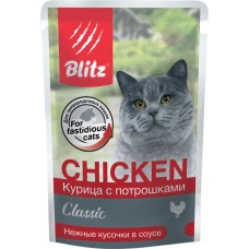 Корм консервированный для кошек BLITZ Classic Курица с потрошками кусочки в соусе, 85г