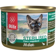 Корм консервированный для кошек BLITZ Holistic Мясной паштет Утка с индейкой, для стерилизованных и кастрированных, 200г