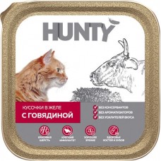 Купить Корм консервированный для взрослых кошек HUNTY с говядиной, кусочки в желе, 100г в Ленте