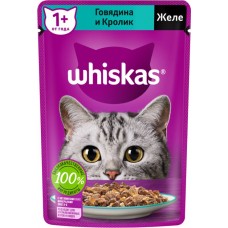 Корм консервированный для взрослых кошек WHISKAS желе с говядиной и кроликом, 75г