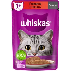 Корм консервированный для взрослых кошек WHISKAS паштет мясной с говядиной и печенью, полнорационный, 75г