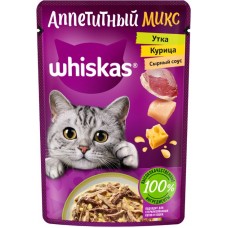Корм консервированный для взрослых кошек WHISKAS Аппетитный микс Курица, утка в сырном соусе, 75г