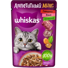 Корм консервированный для взрослых кошек WHISKAS Аппетитный микс желе с говядиной, языком и овощами, 75г
