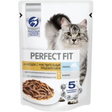 Корм консервированный для взрослых кошек PERFECT FIT Sensitive с лососем в соусе, для чувствительного пищеварения, 75г