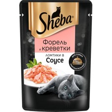 Корм консервированный для взрослых кошек SHEBA ломтики в соусе с форелью и креветками, 75г