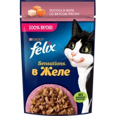 Купить Корм влажный для взрослых кошек FELIX Sensations Лосось в желе со вкусом трески, 75г в Ленте