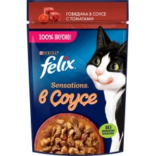 Купить Корм влажный для взрослых кошек FELIX Sensations Говядина в соусе с томатами, 75г в Ленте