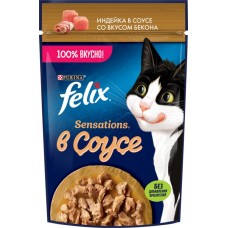Купить Корм влажный для взрослых кошек FELIX Sensations Индейка в соусе со вкусом бекона, 75г в Ленте