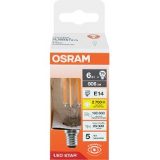 Лампа светодиодная OSRAM LED Star, 6Вт, 2700К, теплый белый свет, E14, колба B