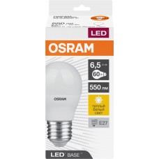 Лампа светодиодная OSRAM Base, 550лм, 6,5Вт, 3000К, теплый белый свет, E27, колба P