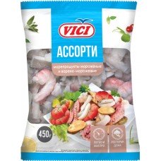 Купить Ассорти из морепродуктов варено-мороженное VICI с изделиями формованными (имитация из сурими), 450г в Ленте
