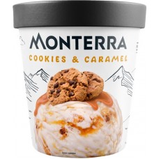 Мороженое MONTERRA Cookies&Caramel, пломбир с карамельным соусом и кусочками печенья 12%, без змж, картонный стакан, 298г