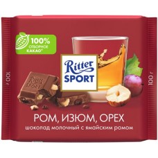 Шоколад молочный RITTER SPORT Ром, изюм, орех, 100г