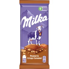 Шоколад молочный MILKA с арахисом, кусочками хрустящей карамели, рисовыми шариками и кукурузными хлопьями, 90г