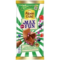 Купить Шоколад молочный ALPEN GOLD Max Fun c фруктово-ягодными кусочками со вкусом клубники, малины, черники, черной смородины, взрывной кармели, шипучих шариков, 150г в Ленте