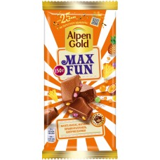 Шоколад молочный ALPEN GOLD Max Fun c фруктовыми кусочками со вкусом манго, ананаса, маракуйи, с шипучими рисовыми шариками и взрывной карамелью, 150г