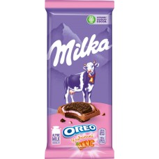 Купить Шоколад молочный MILKA Орео с круглым печеньем и начинкой со вкусом клубники, 92г в Ленте