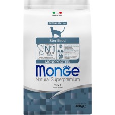 Корм сухой для взрослых кошек MONGE Cat Monoprotein Sterilised Trout с форелью, для стерилизованных, 400г