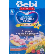 Детское питание каша BEBI Premium 3 злака с малин/мелис/пр д/слад.снов с 6мес, Россия, 200 г