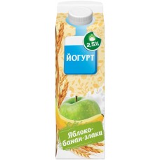 Йогурт питьевой ВОЛЖАНОЧКА Яблоко, банан, злаки 2,5%, без змж, 450г, Россия, 450 г