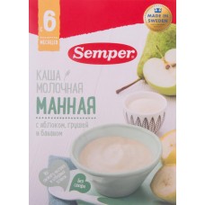 Купить Каша манная SEMPER молочная с яблоком, грушей и бананом, с 6 месяцев, 200г, Швеция, 200 г в Ленте