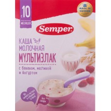Каша мультизлаковая SEMPER молочная с бананом, малиной и йогуртом, с 10 месяцев, 200г, Швеция, 200 г
