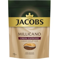 Кофе растворимый с добавлением молотого JACOBS Millicano Crema Espresso натуральный сублимированный, ст/б, 75г, Россия, 75 г