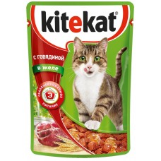 Купить Корм консервированный для кошек KITEKAT с сочными кусочками говядины в желе, 85г, Россия, 85 г в Ленте