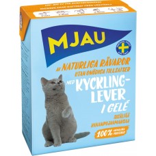 Купить Корм консервированный для кошек MJAU мясные кусочки в желе с куриной печенью, 380г, Швеция, 380 г в Ленте