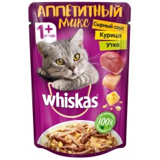 Корм консервированный для кошек WHISKAS Аппетитный микс курица и утка с сырным соусом, 85г, Россия, 85 г