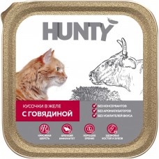Купить Корм консервированный для взрослых кошек HUNTY с говядиной, кусочки в желе, 100г, Россия, 100 г в Ленте