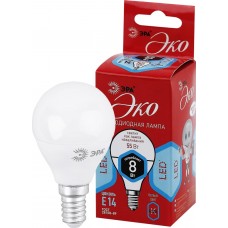 Лампа светодиодная ЭРА Эко 8Вт E14, холодный свет, шар, Китай
