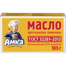 Масло сливочное АМКА Крестьянское 72,5% высший сорт, без змж, 185г, Россия, 185 г