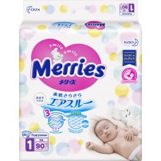 Подгузники детские MERRIES Newborn 1–5кг, 90шт, Япония, 90 шт