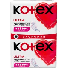 Прокладки KOTEX Super Ultra Dry&Soft Absorbent Ultra с крылышками, 16шт, Корея, 16 шт
