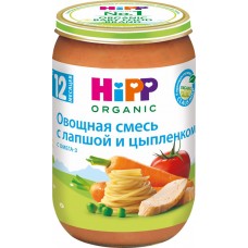 Пюре мясо-растительное HIPP Organic, Овощная смесь с лапшой и цыпленком, c 12 месяцев, 220г, Россия, 220 г