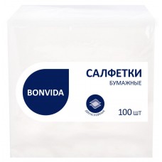 Салфетки бумажные BONVIDA 2-слоя белые 40х40, 100шт, Россия, 100 шт