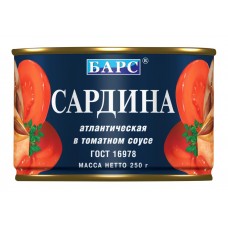 Сардина БАРС Атлантическая в томатном соусе, ГОСТ, 250г, Россия, 250 г
