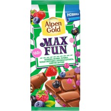 Шоколад молочный ALPEN GOLD Max Fun c фруктово-ягодными кусочками, шипучими шариками и взрывной карамелью, 160г, Россия, 160 г