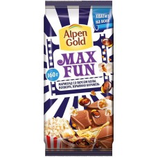 Шоколад молочный ALPEN GOLD Max Fun с мармеладом со вкусом колы, попкорном и взрывной карамелью, 160г, Россия, 160 г