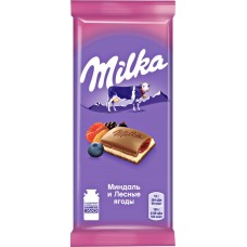 Шоколад молочный MILKA с двухслойной начинкой миндаль и лесные ягоды, 90г, Россия, 90 г