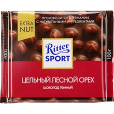 Шоколад темный RITTER SPORT Цельный лесной орех, 100г, Германия, 100 г