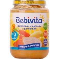 Детское питание пюре BEBIVITA картофель с морковью и цыпленком с 9 мес ст/б, Россия, 190 г