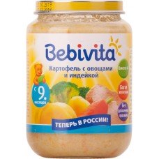 Детское питание пюре BEBIVITA картофель с овощами и индейкой с 9 мес ст/б, Россия, 190 г