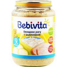 Детское питание пюре BEBIVITA Овощное рагу с цыпленком с 9 мес ст/б, Россия, 190 г